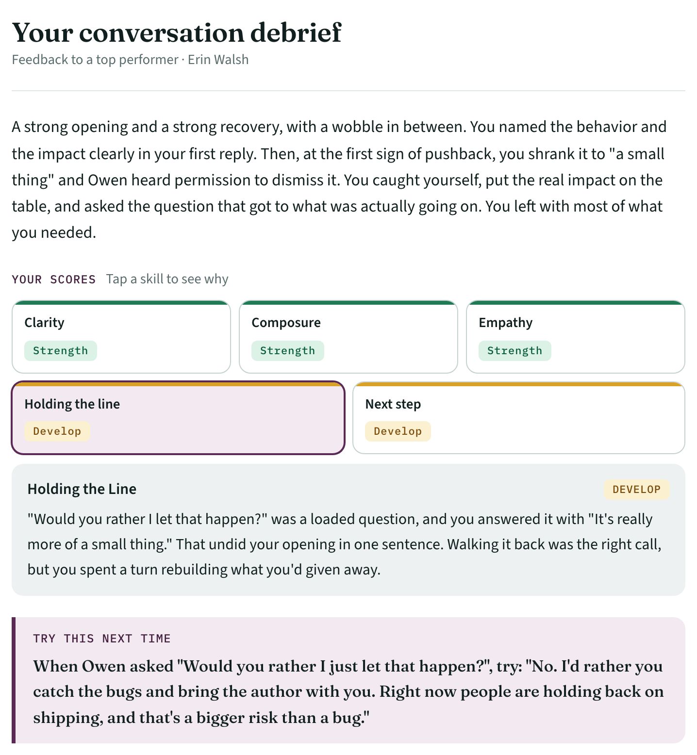 Hard Conversations: The report: scores, why, and the one thing to change