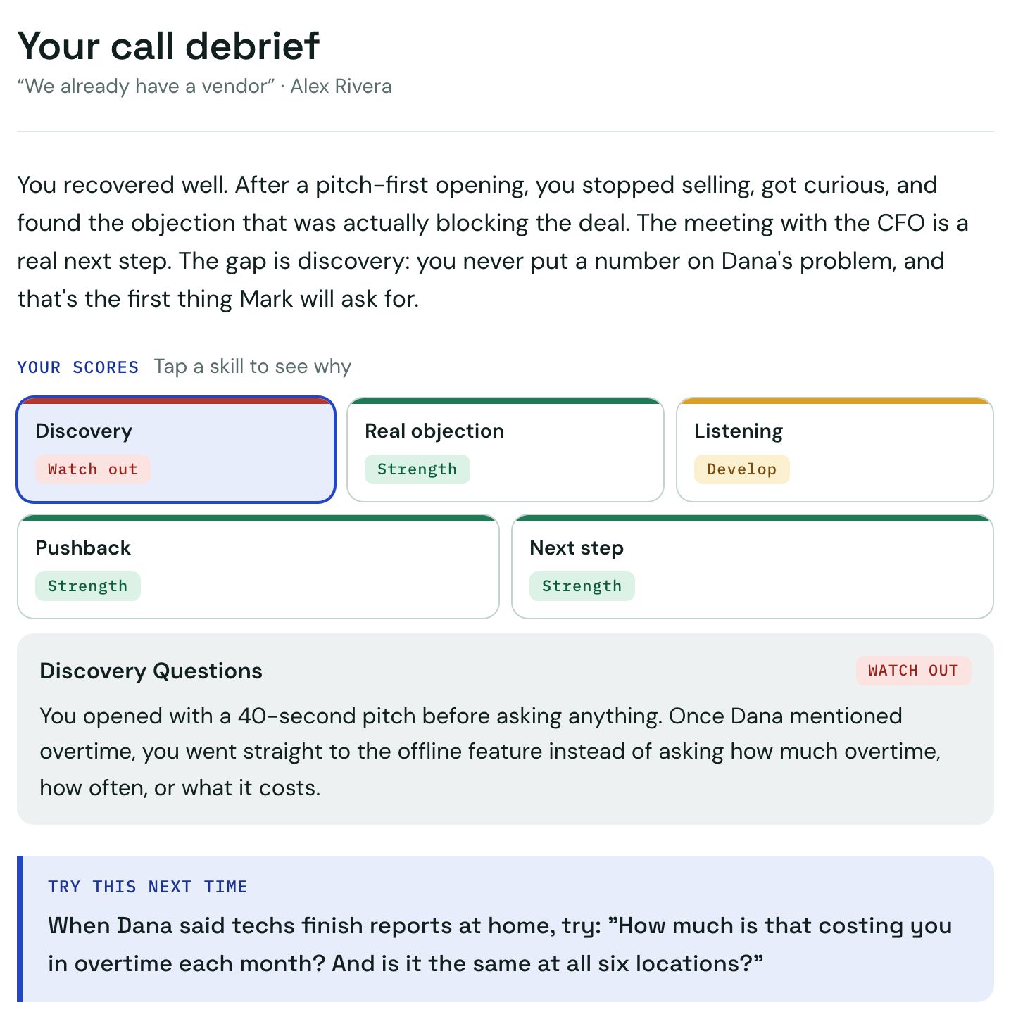 Objection Gym: The report: scores, why, and the one thing to change